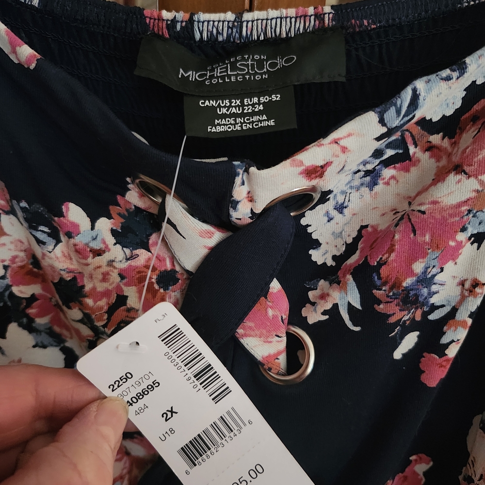 Michel Studio Navy Floral Dress with Pink and White Flowers. - Picture 2 of 8